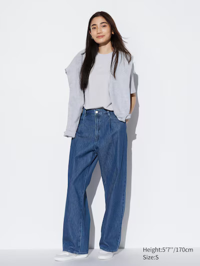 Women Drapey Denim Pleated Trousers | UNIQLO UK | UNIQLO (UK)