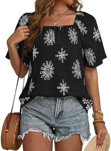 Womens Summer Boho Tops Floral Print Square Neck Loose Fit Blouses Tunic Casual Beach Vacation Sh... | Amazon (US)