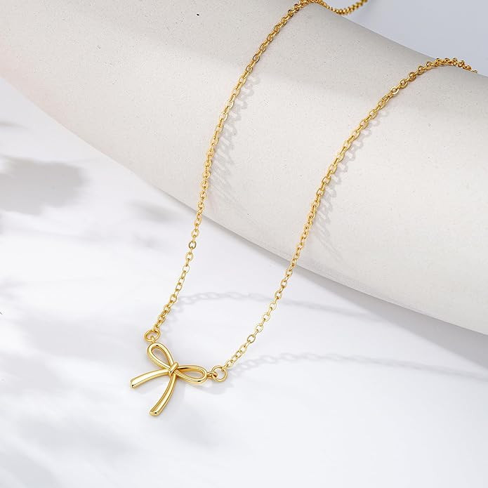 Fimhut Gold Bow Necklace for Women - 18K Gold Plated Dainty Gold Necklace Cute Small Tiny Bow Pen... | Amazon (US)