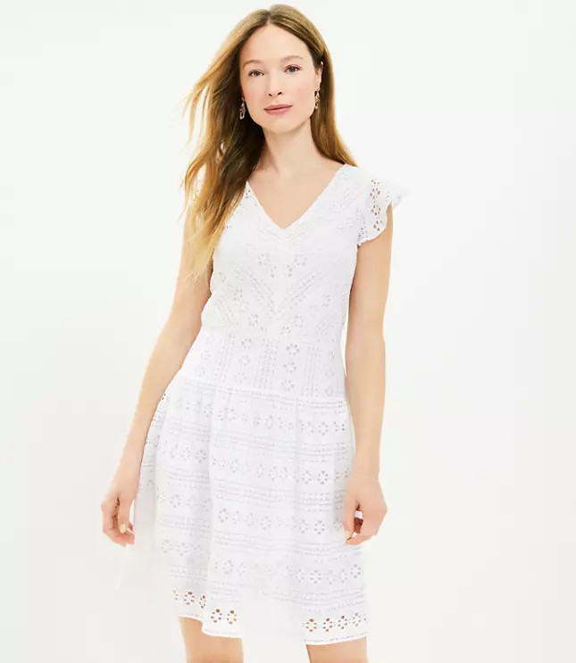 Lace V-Neck Ruffle Sleeve Dress | LOFT