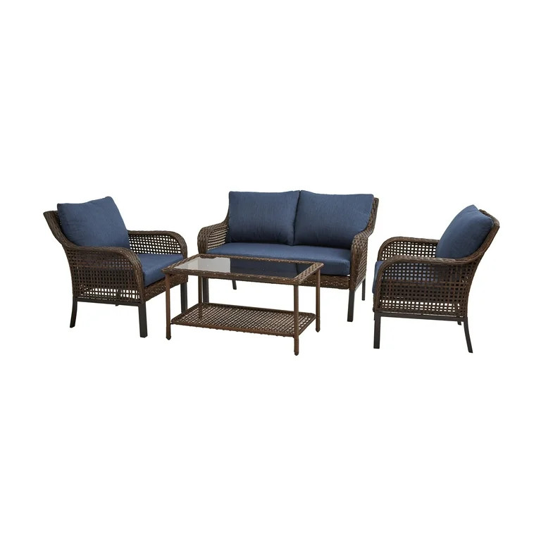 Mainstays Tuscany Ridge Outdoor 4 Piece Wicker Conversation Set, Blue | Walmart (US)
