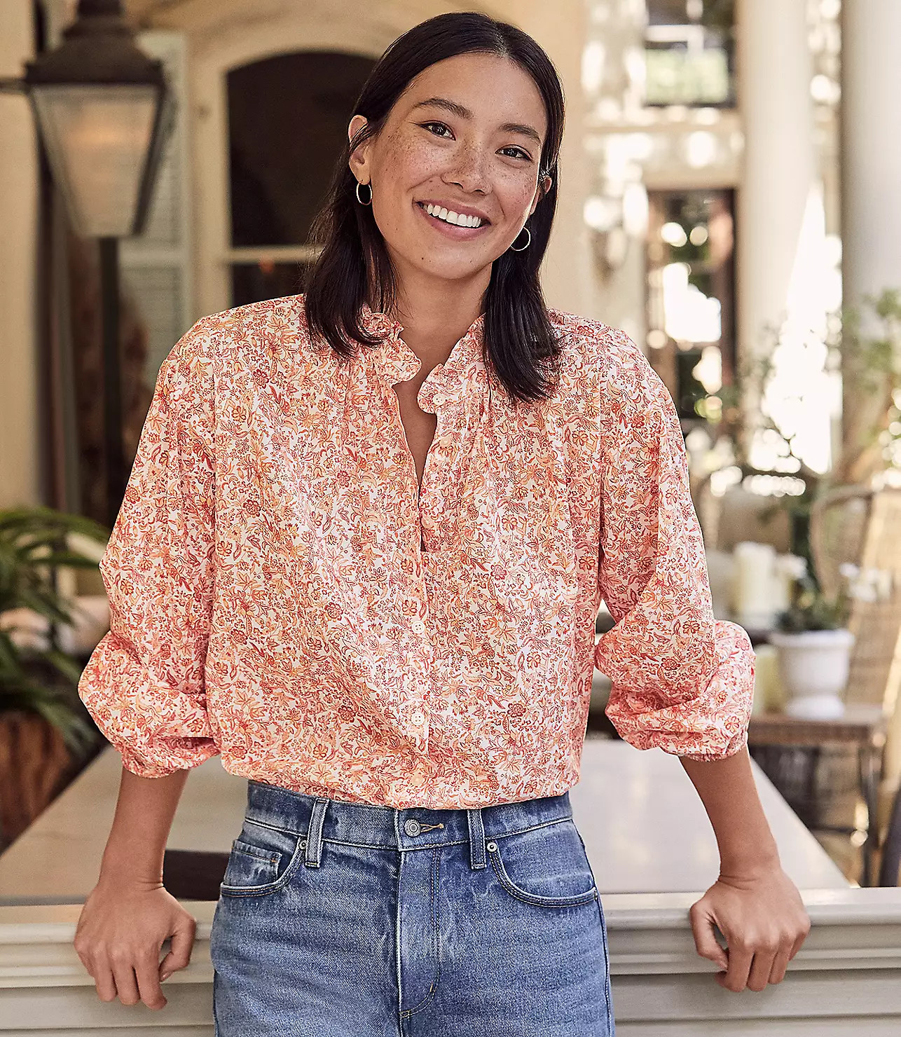 Jungle Ruffle Neck Poet Blouse | LOFT