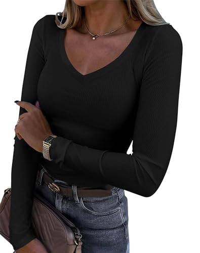 Roselux Womens Long Sleeve V Neck Ribbed Knit Fitted Casual Tops Tee Slim Basic Shirt（3935,Black,XL | Amazon (US)