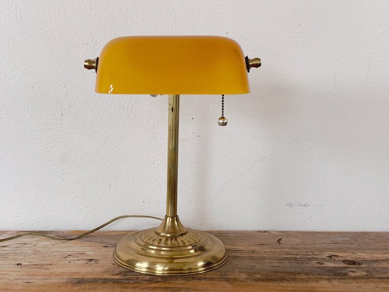 Mid Century Classic Banker Table Lamp with Amber Switch Glass Shade | Library Lamp | Office Light... | Etsy (US)