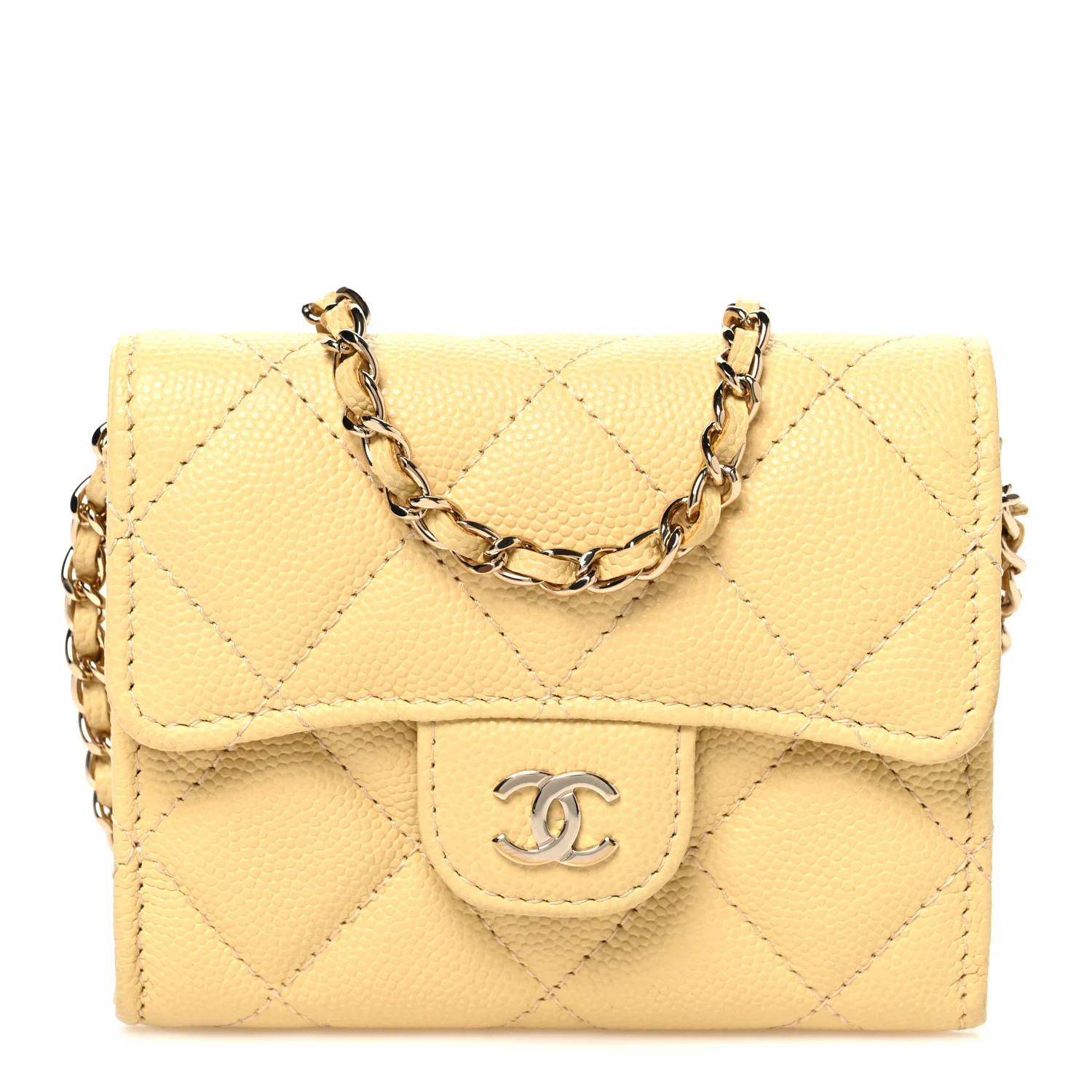 Caviar Quilted Flap Card Holder On Chain Yellow | FASHIONPHILE (US)