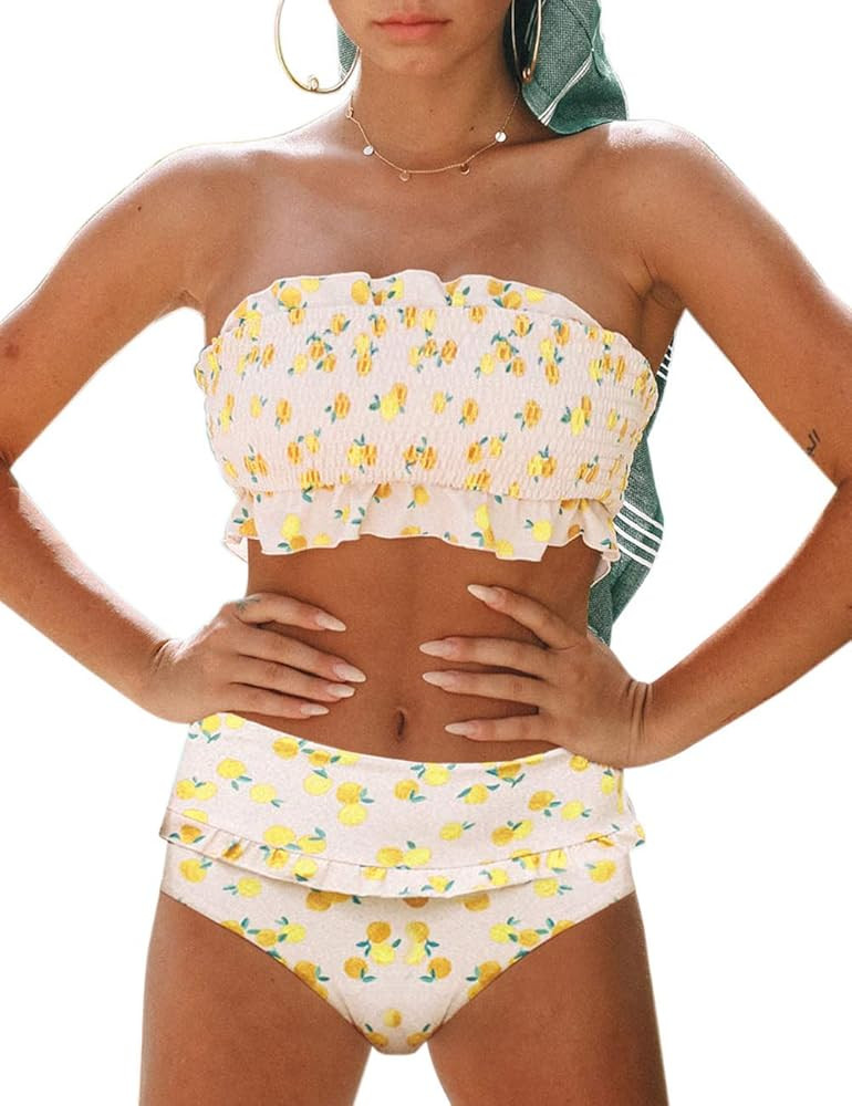 Women's Summer Floral Printed High Waist Ruched Smocked Beach Bikini Sets Swimsuit Bathing Suit | Amazon (US)
