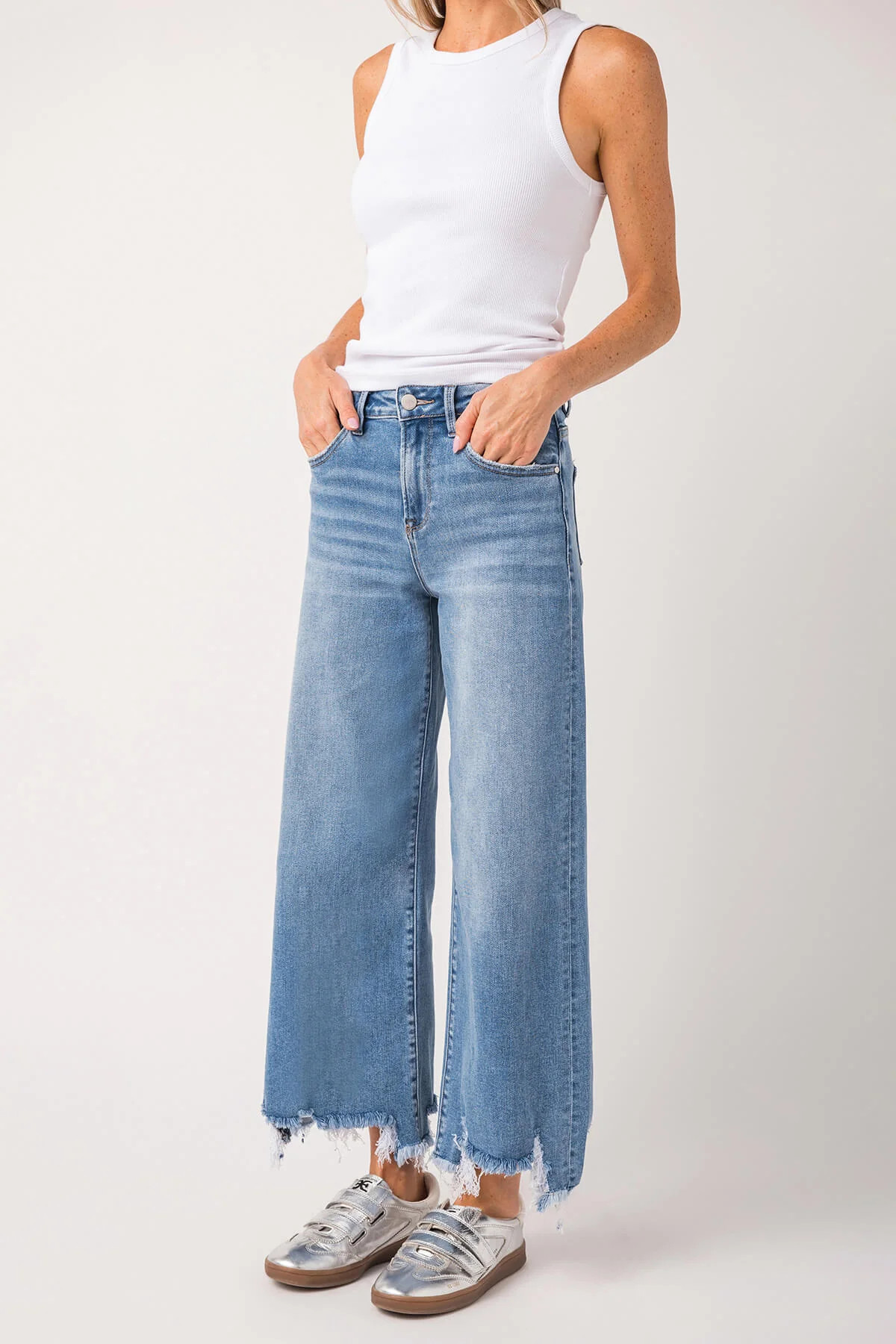 Risen Bobbie Rise Step Hem Crop Wide Leg Jeans | Social Threads