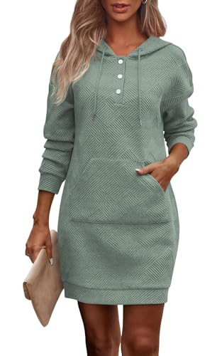 PRETTYGARDEN Long Sleeve Hoodies Dress 2024 Fall Trendy Texture Sweatshirts Outfits Button Hooded Dresses with Pockets (Green,XL) | Amazon (US)