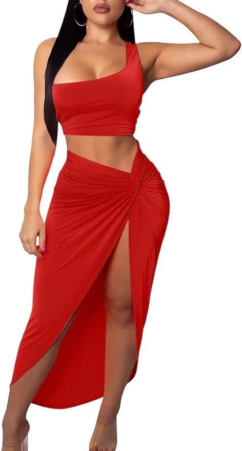 BEAGIMEG Women's Sexy One Shoulder Long Bodycon Slit Skirt 2 Pieces Dress | Amazon (US)