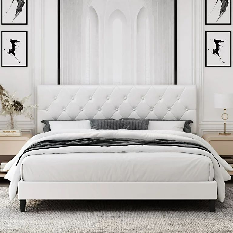 Homfa King Bed Frame, White Faux Leather Upholstered Button Tufted Low Profile Platform Bed Frame... | Walmart (US)