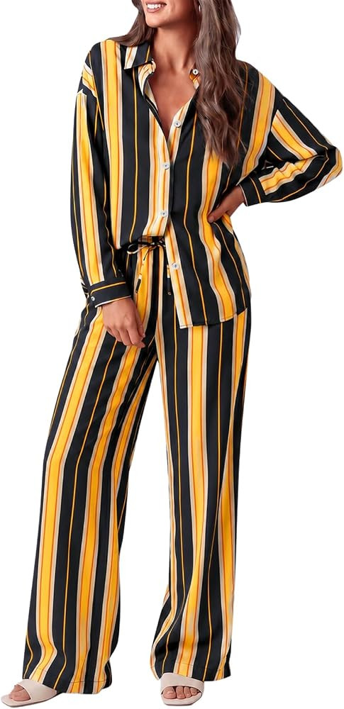Tankaneo Womens Striped 2 Piece Lounge Sets Casual Long Sleeve Pajama Set | Amazon (US)