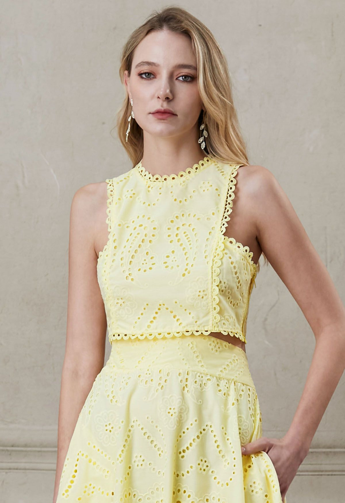 Paisley Eyelet Embroidery Sleeveless Crop Top in Yellow | Chicwish