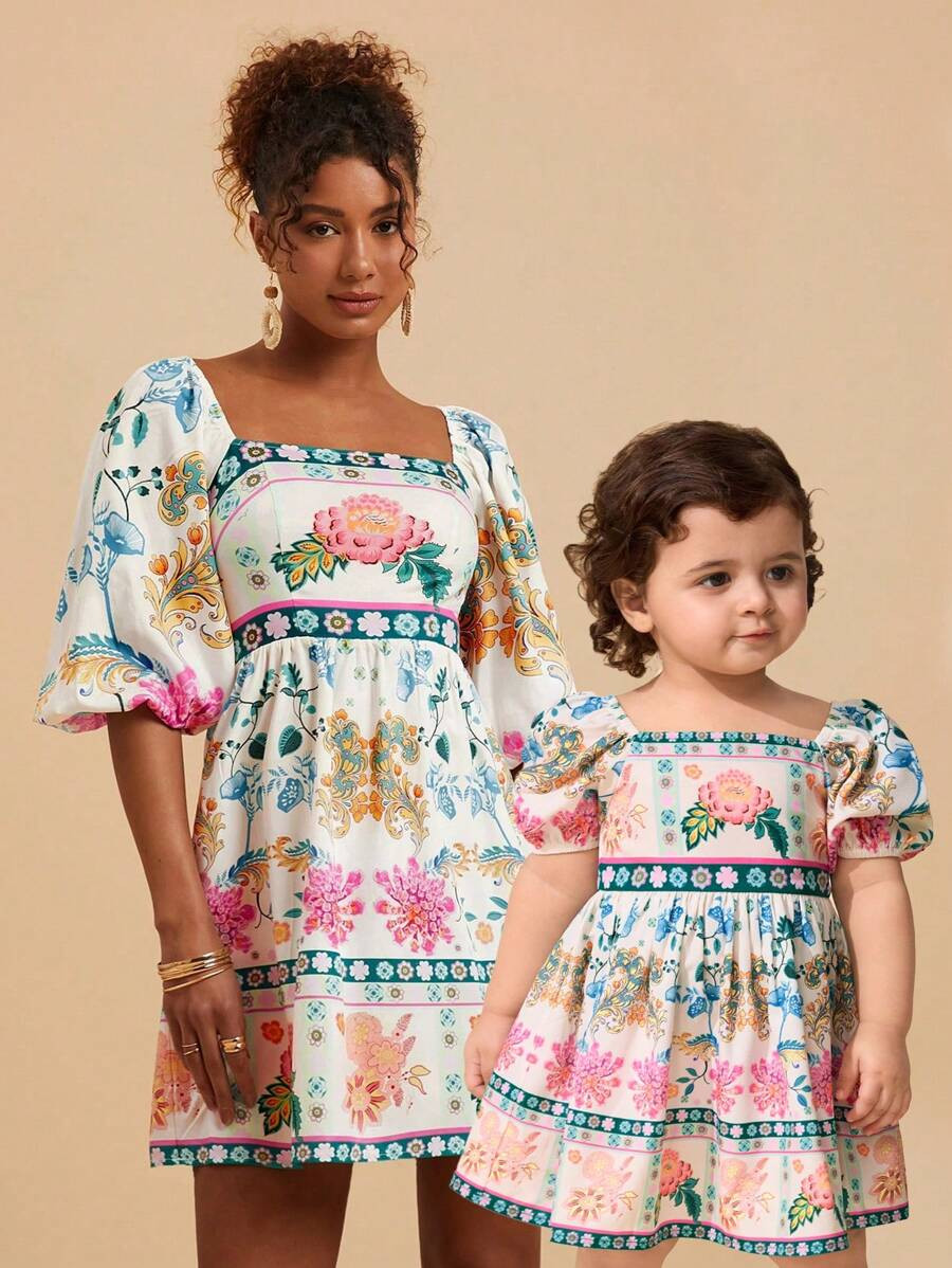 Travachic KIDS Baby Girl Ditsy Floral Square Collar Puff Sleeve Woven Dress | SHEIN