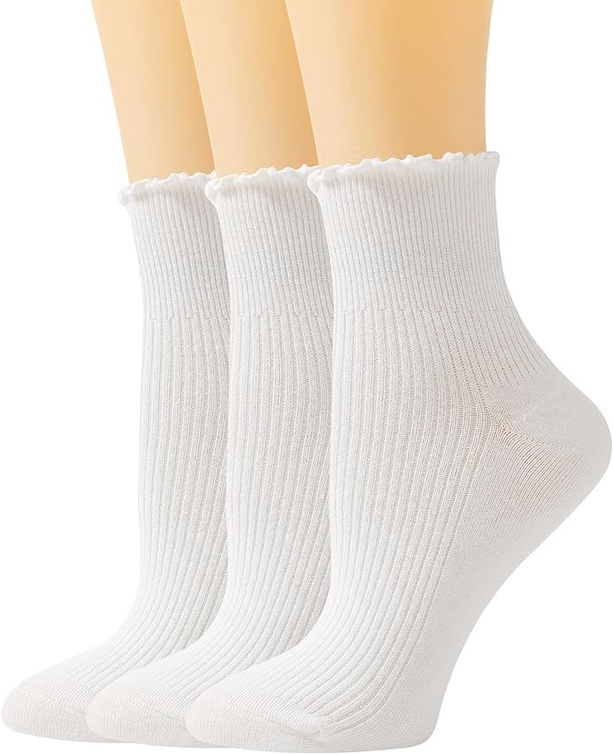 SEMOHOLLI Women Ruffle Socks, Ankle Socks Ruffle Turn-Cuff, Lovely Double Needle Solid Color Edge... | Amazon (US)