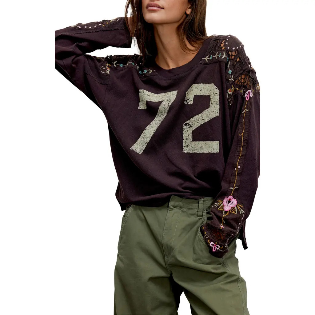 Free People Lilith Floral Embroidered Cotton Graphic Football T-Shirt in Chocolate at Nordstrom, Size Large | Nordstrom