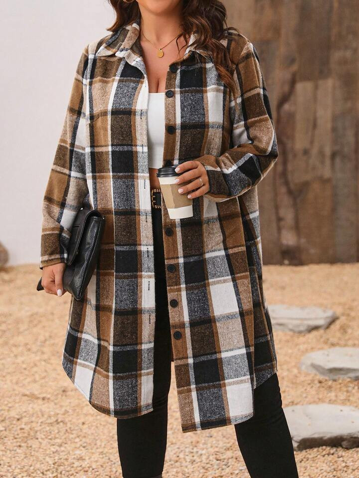 SHEIN Essnce Plus Size Plaid Long Shirt | SHEIN