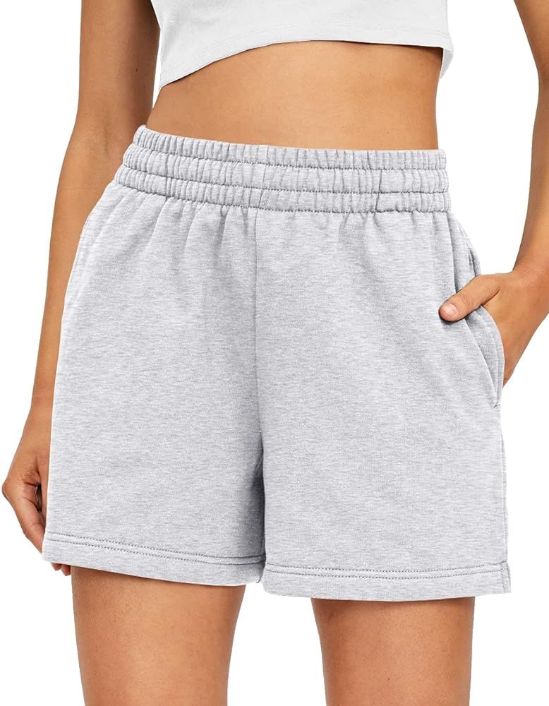 Ezymall Women's Comfy Sweat Shorts Workout Casual Running Cotton Shorts for Summer with Pockets | Amazon (US)