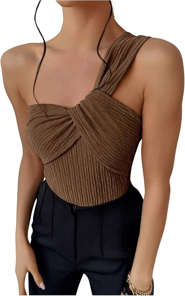 OYOANGLE Women's Textured One Shoulder Twist Front Ruched Bodysuit Sleeveless Tank Top Body Suits | Amazon (US)