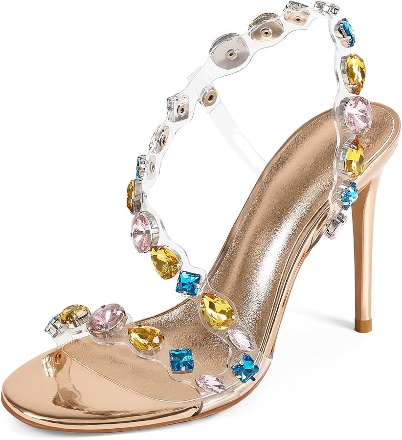 Rhinestone Wrap-Around High Heels for Women, Sparkly Embellished Crystal Clear Strappy Sandals, 4... | Amazon (US)