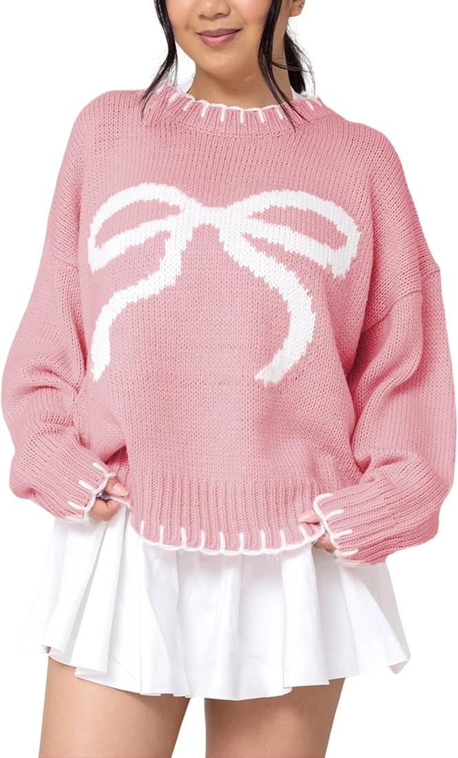 Women Y2K Bow Knit Sweater Crew Neck Long Sleeve Knitted Pullover Oversized Contrast Trim Knitwea... | Amazon (US)