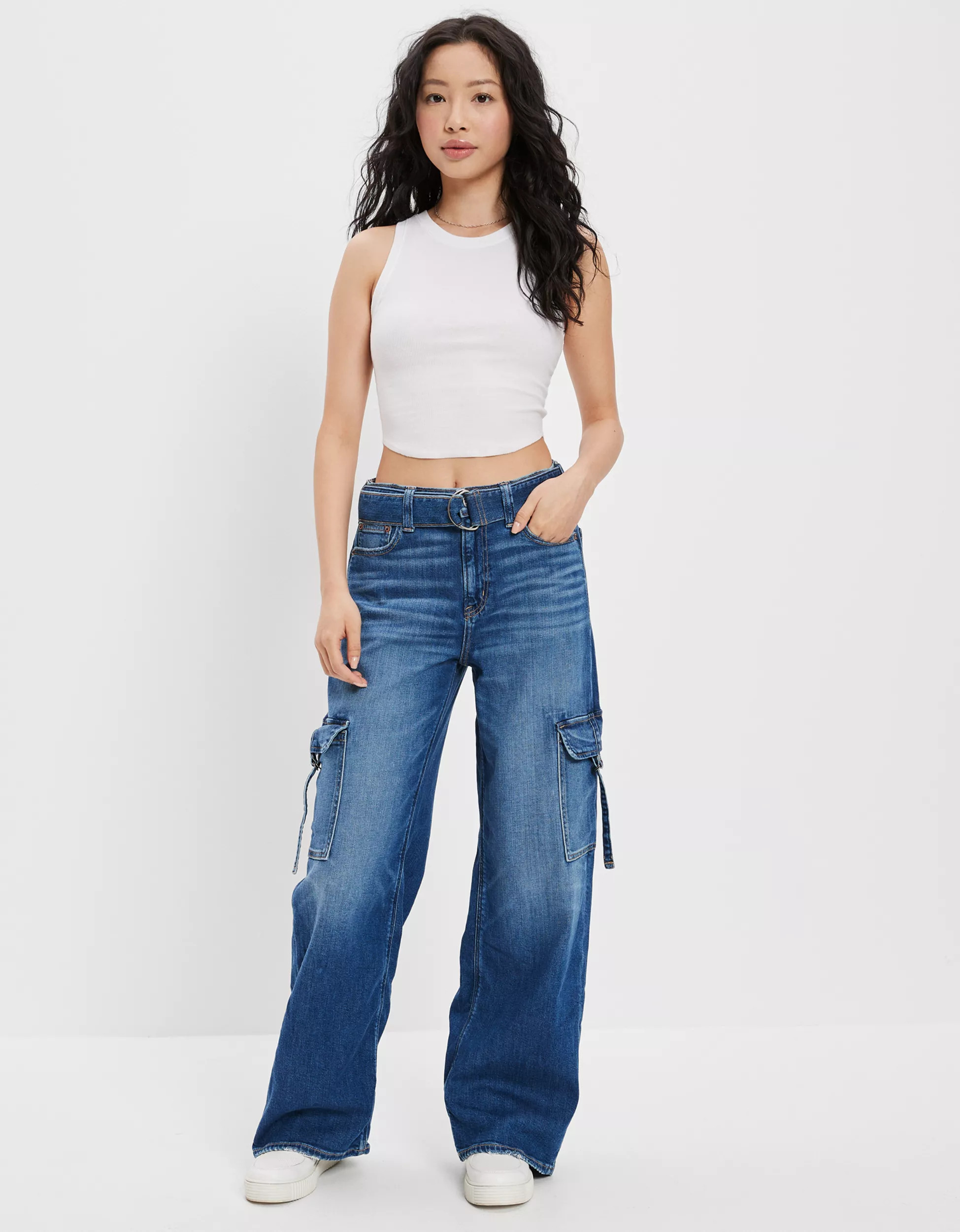 AE Dreamy Drape Stretch Super High-Waisted Cargo Baggy Wide-Leg Jean | American Eagle Outfitters (US & CA)