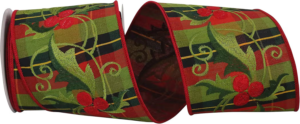 Reliant Ribbon Embroidered Holly Dupione Plaid Wired Edge Ribbon, 4 Inch X 5 Yards, Red/green | Amazon (US)