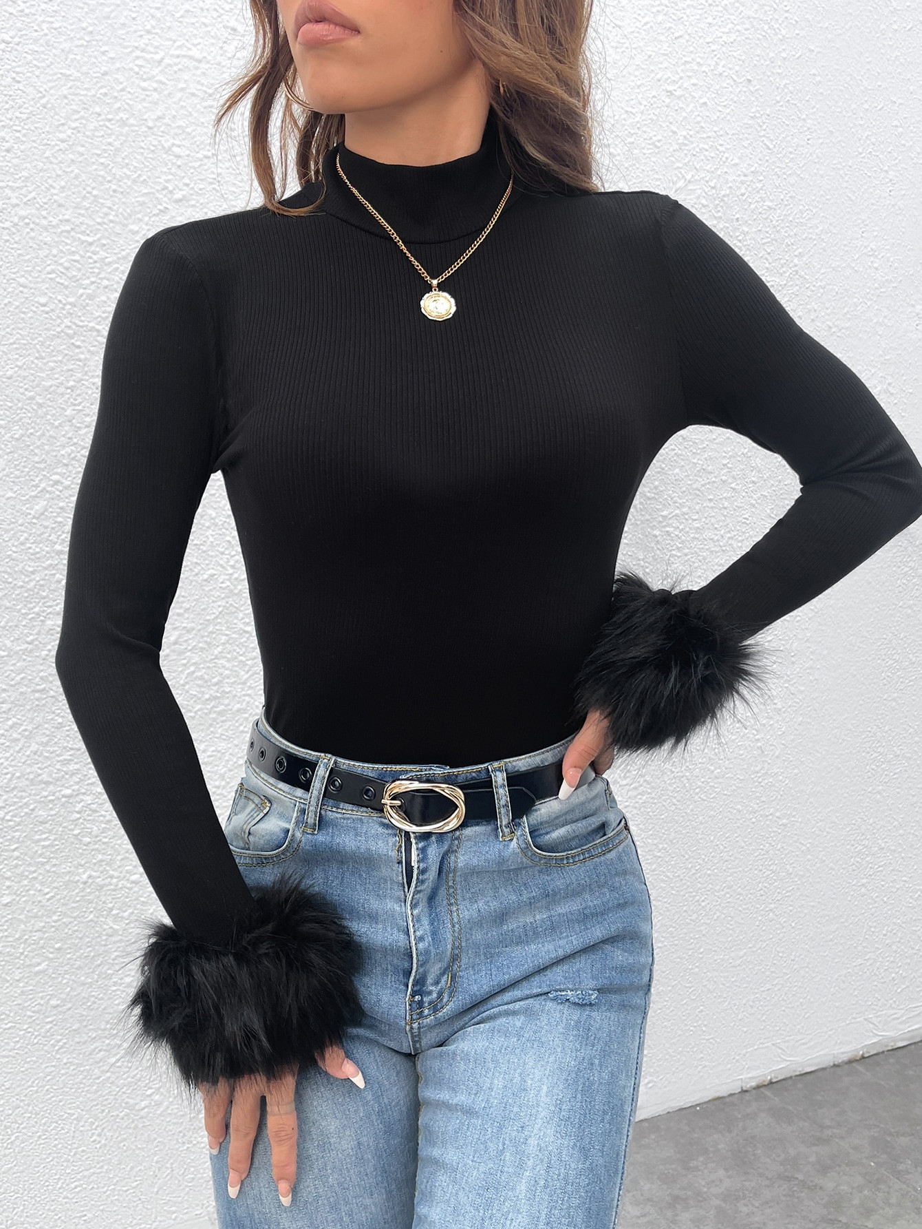 SHEIN ICON Fuzzy Cuff Mock Neck Tee | SHEIN