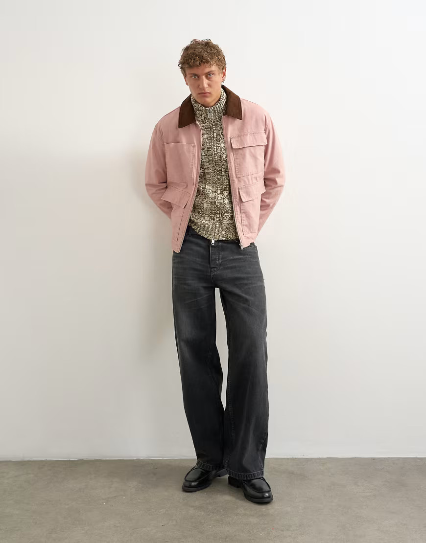 Topman relaxed fit crop barn jacket with cord collar in dusty pink | ASOS (Global)