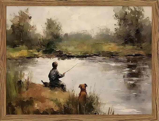 Vintage Wall Art, Boy Fishing Wall Decor Paintings, Boy and Dog Landscape Canvas Prints Vintage C... | Amazon (US)