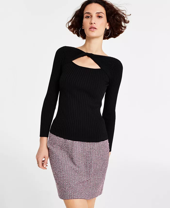 Bar III Women's Ribbed Twist-Front Cutout Long-Sleeve Sweater, Created for Macy's & Reviews - Top... | Macys (US)