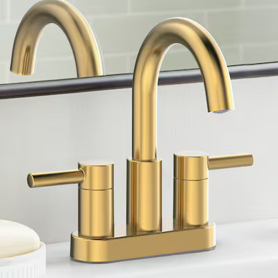 allen + roth Harlow Brushed Gold 4-in centerset 2-handle WaterSense Low-arc Residential Handle Ba... | Lowe's