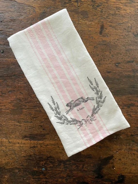 Pink Stripe French Rabbit Tea Towel Farmhouse Kitchen Bistro | Etsy | Etsy (US)