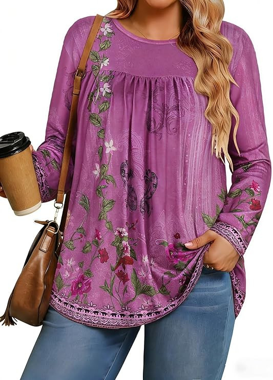 JOELLYUS Plus Size Tops for Women Fall Long Sleeve Shirts Casual Crew Neck Pleated Tunic Blouse W... | Amazon (US)