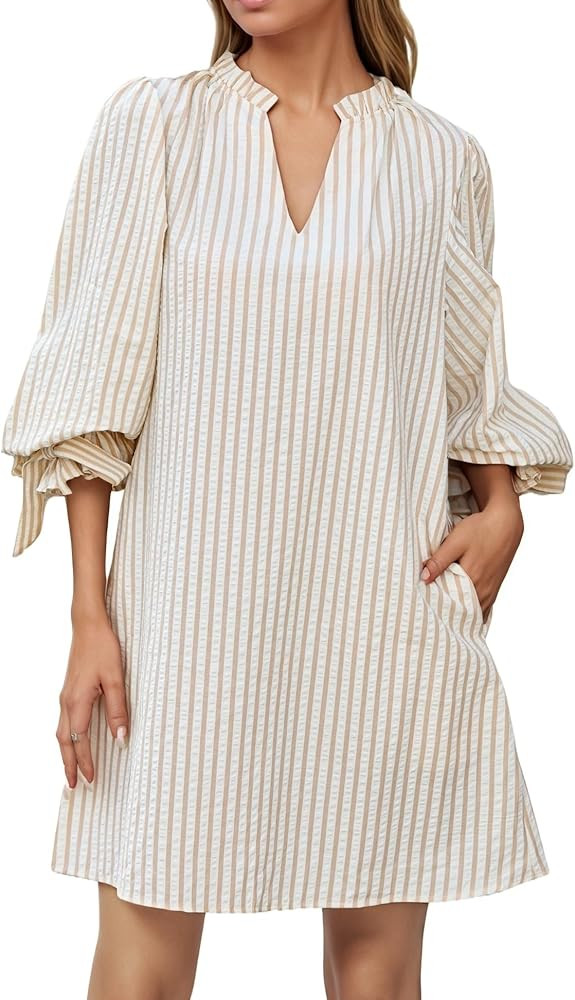 Striped Dress for Women V Neck 3/4 Bow Puff Sleeve Summer A Line Flowy Shirt Dress with Pockets | Amazon (US)