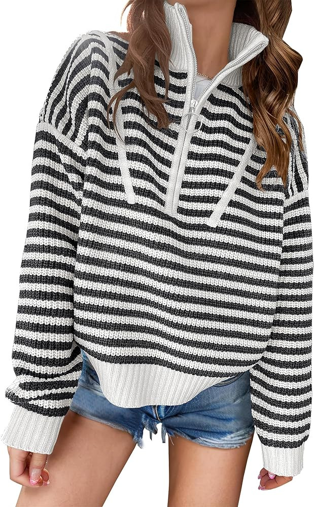 ANRABESS Womens Striped Sweaters Long Sleeve Casual Half Zip Knit Pullover Tops 2024 Fall Comfy L... | Amazon (US)