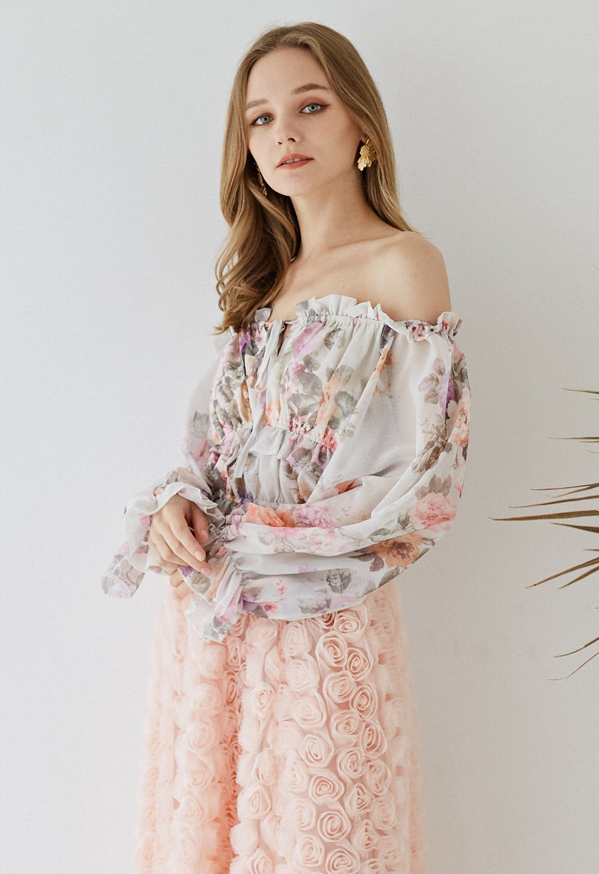 Ruffle Off-Shoulder Peony Chiffon Crop Top | Chicwish