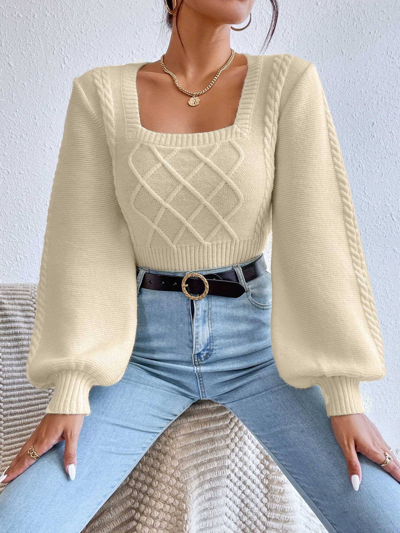 SHEIN Privé Cable Knit Square Neck Lantern Sleeve Sweater | SHEIN