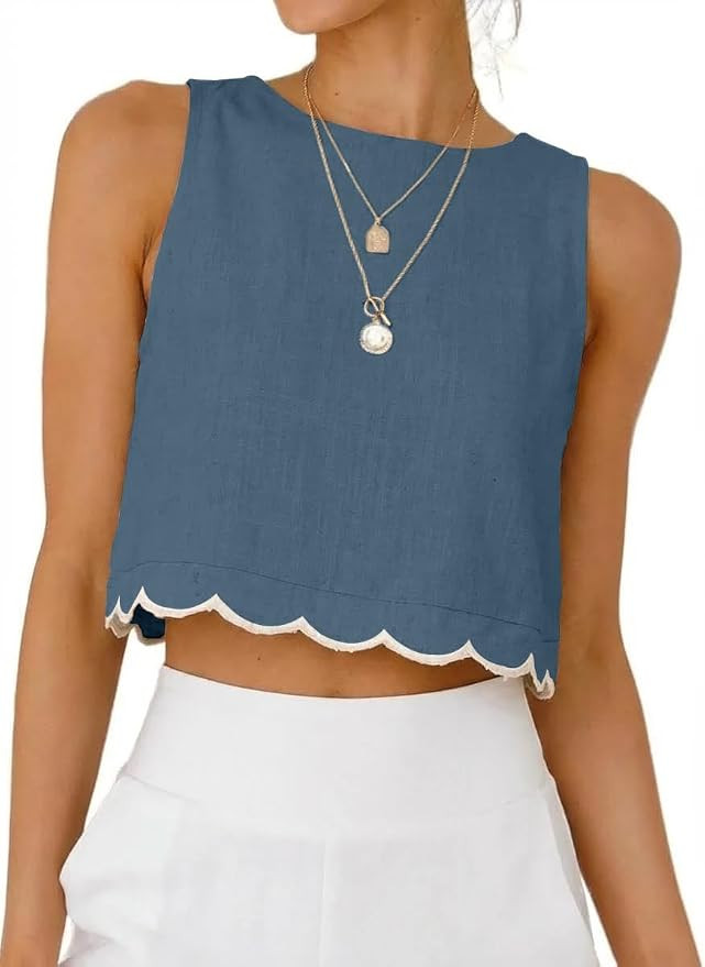 IDEALSANXUN Womens High Neck Linen Tank Tops Spring Summer Scallop Hem Cropped Sleeveless Shirts ... | Amazon (US)