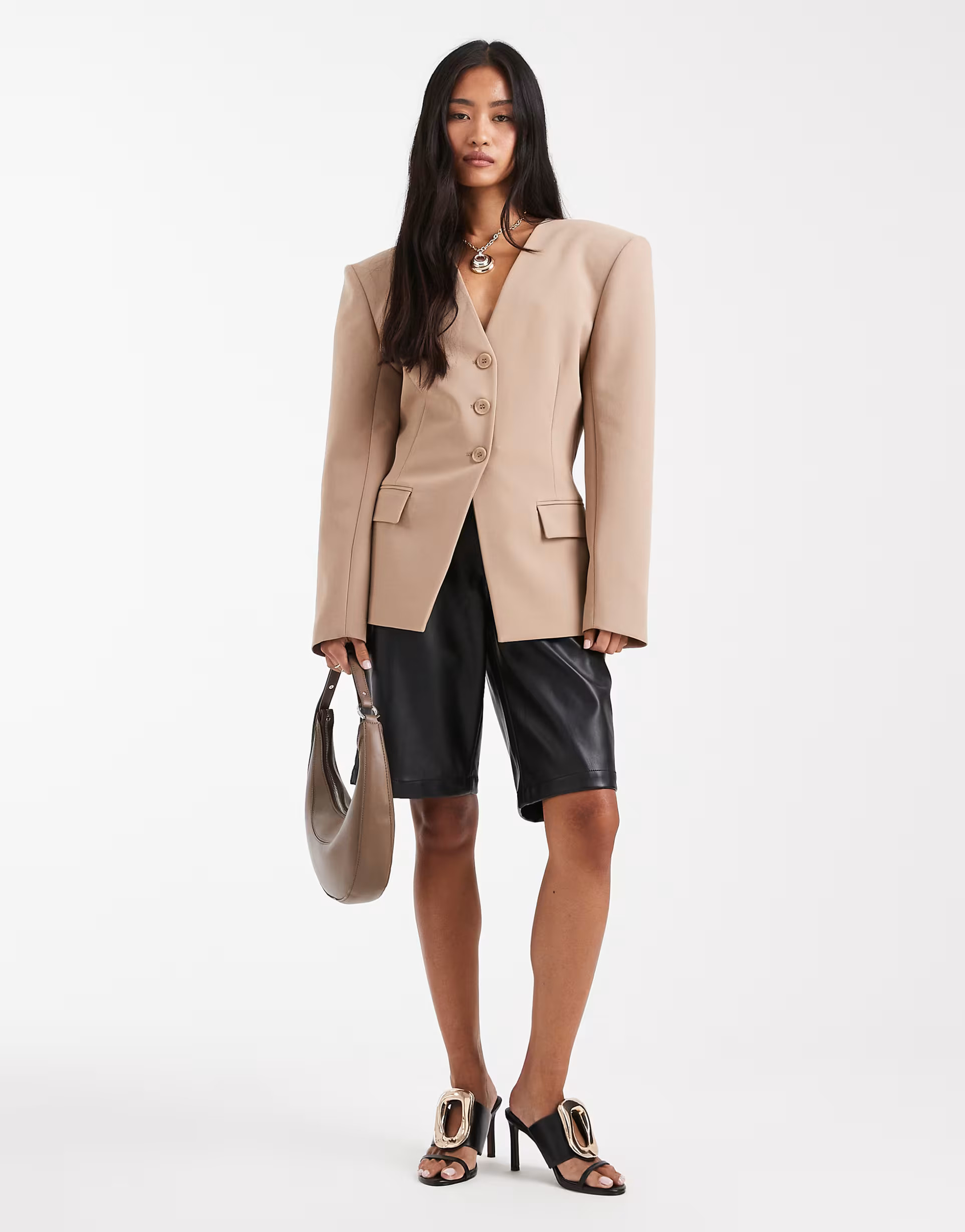 ASOS DESIGN cinch collarless 3 button blazer in neutral | ASOS | ASOS (Global)