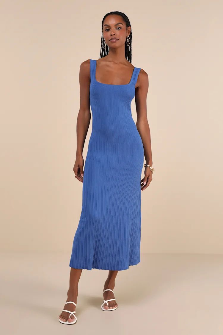 Blue Ribbed Knit Sleeveless A-Line Midi Dress | Blue Midi Dress | Royal Blue Dress | Lulus