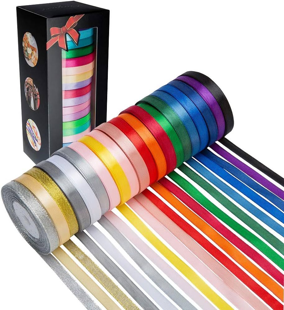 LIUYAXI 300 Yard Satin Ribbon -18 Silk Ribbon Rolls & 2 Glitter Metallic Ribbon Rolls, 2/5" Wide ... | Amazon (US)
