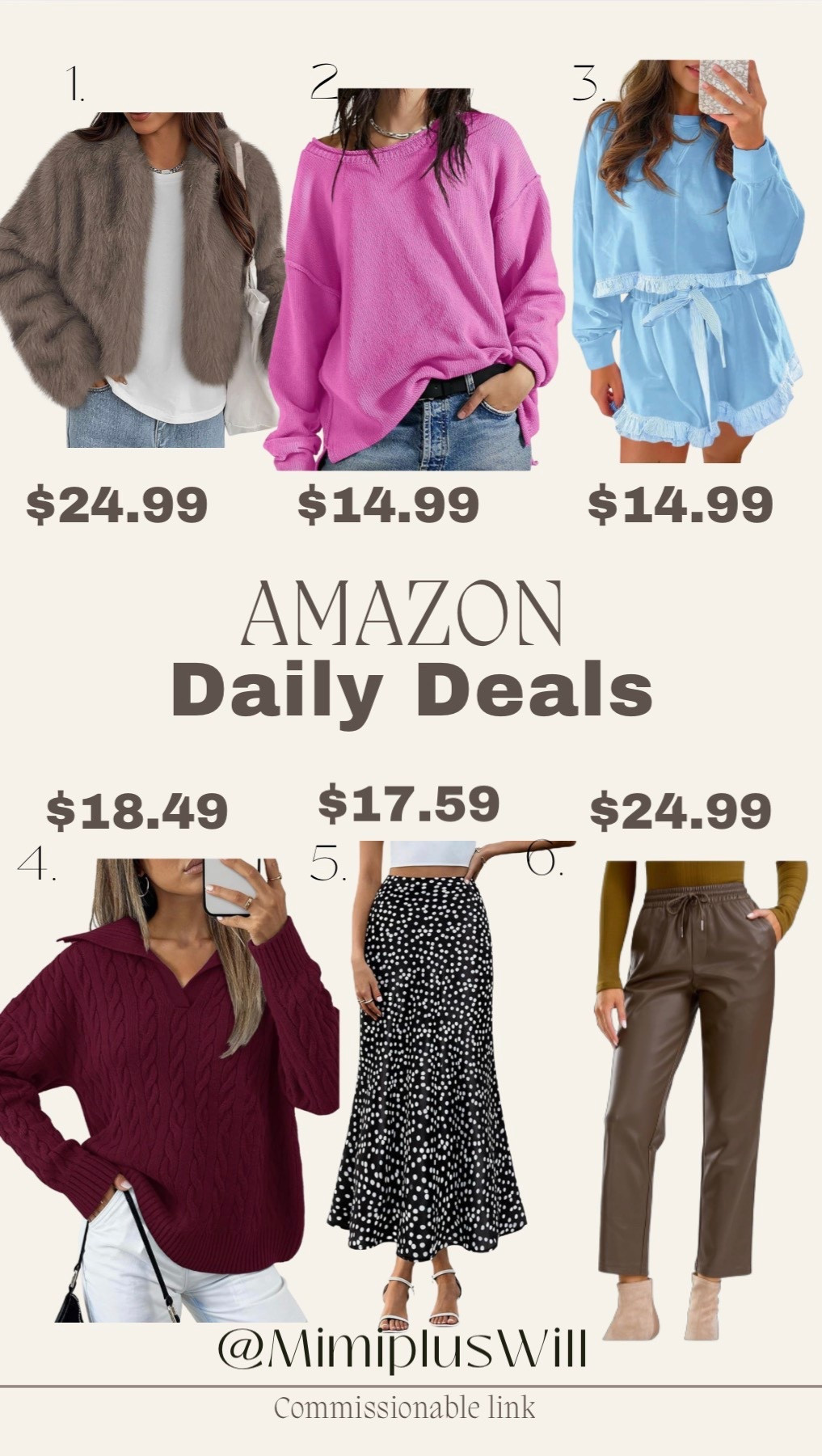Amazon daily deals! Use the codes listed below for a limited time! 

1. 7TQFL77S
2. X8JIWJNL
3. G65TRC94
4. REE3T22R
5. 45SPZUJN
6. DHSRCI3H

Amazon deals | Amazon | skirt | thanksgiving | leather pants | sweater | fur jacket 
Follow @mimipluswill for more! 

#LTKPetite #LTKSaleAlert #LTKFindsUnder50