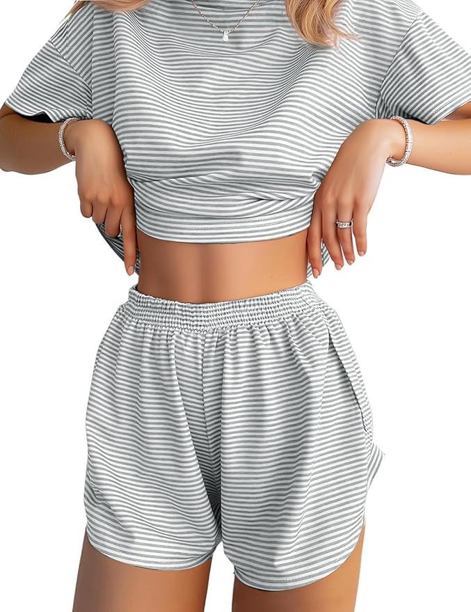 JUSTFASHIONNOW Womens Pajama Sets Shorts Striped Print Two Piece Lounge Sets Crew Neck Sleepwear ... | Amazon (US)