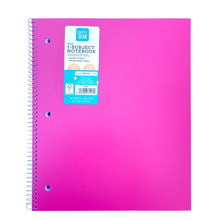 Pen+Gear Poly 1-Subject Notebook, Wide Ruled, 100 Heavyweight Sheets, Pink | Walmart (US)
