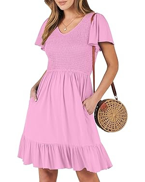 ANRABESS Women's Summer Casual Flowy Smocked V Neck Flutter Sleeve Beach Mini Dress with Pockets | Amazon (US)