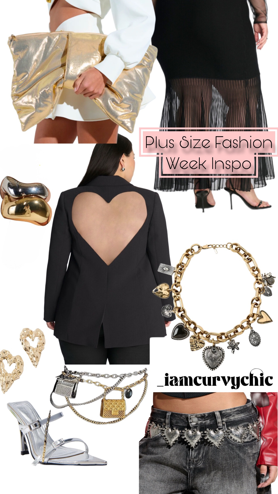 Plus Size black blazer 
Silver and gold heart necklace by Zara
Plus size mesh skirt 
Outfit accessories 
Over size bow Gold clutch
NYFW outfit Inspo 
Waist chain belt in silver and gold 
Valentine’s Day outfit 

#LTKPlusSize #LTKMostLoved #LTKNYFW