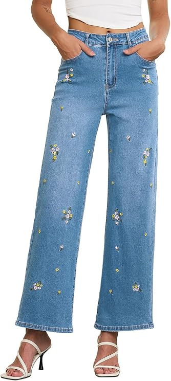 Sidefeel Women's Straight Leg Embroidered Jeans High Waisted Stretchy Wide Leg Denim Pants | Amazon (US)