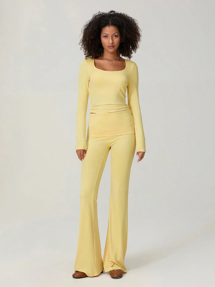 Women Solid Color Fall Set Square Neck Long Sleeve Tops Long Pants Slim Fit Loungewear Outfits | SHEIN