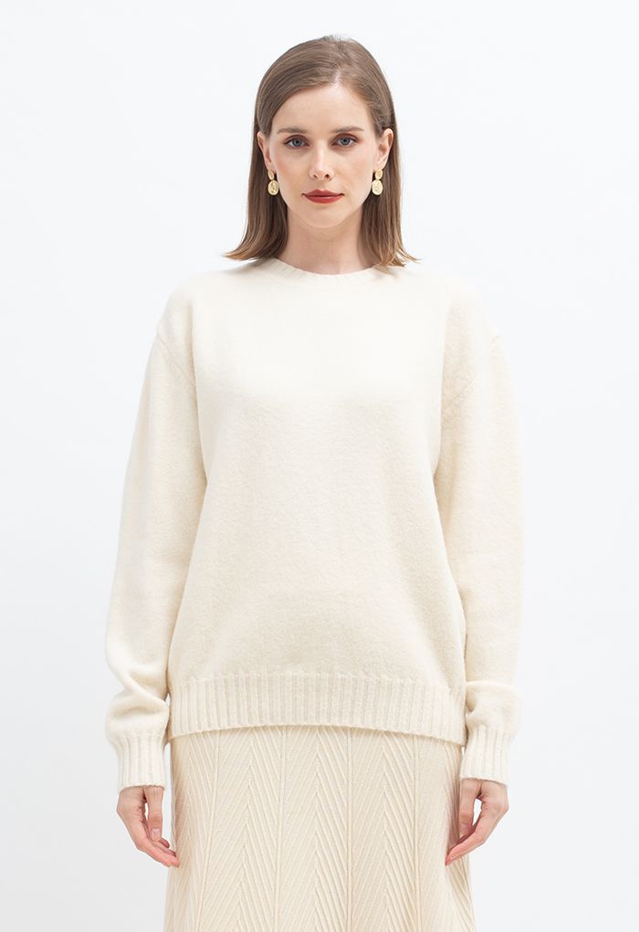 Ribbed Fuzzy Soft Knit Sweater in Cream | Chicwish