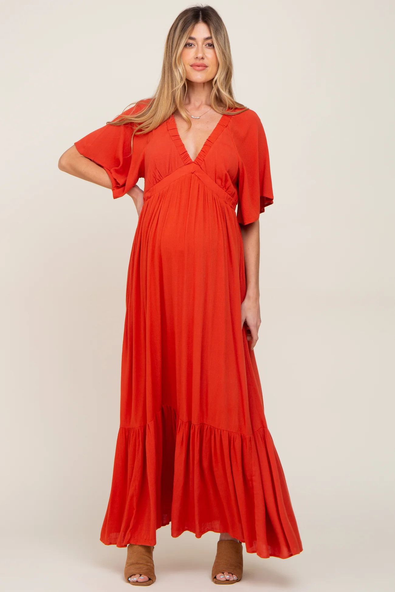 Rust V-Neck Flounce Sleeve Maternity Maxi Dress | PinkBlush Maternity